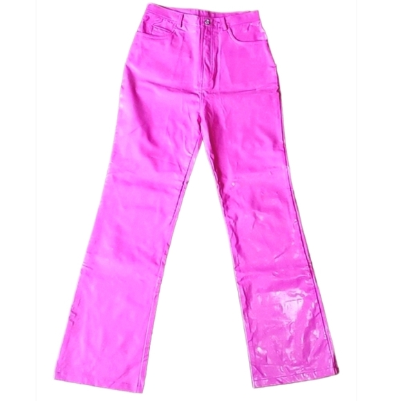 TRUE Y2K Vintage BARBIE Pink Rubber Plastic SPARKLE FLARE LEG Long PANTS Jrs 16